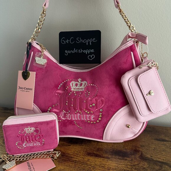 NWT Juicy Couture Dreamy Shoulder Bag Wallet Wristlet Set Raspberry Pink Viral - Picture 1 of 8